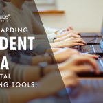 Title in front of students typing on laptops: Safeguarding Student Data in Digital Learning Tools