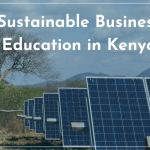 Text: "Sustainable Business Education in Kenya" Image: Solar panels in front of a tree in Kenya