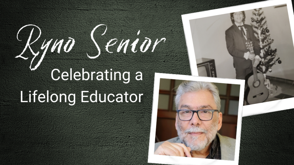 Text: Ryno Senior — Celebrating a Lifelong Educator

Next to the text are two polaroid photos: The first is a black and white photo of Ryno as a child, posing with his guitar. The second is a headshot of Ryno today. He has gray hair, glasses, and a beard.