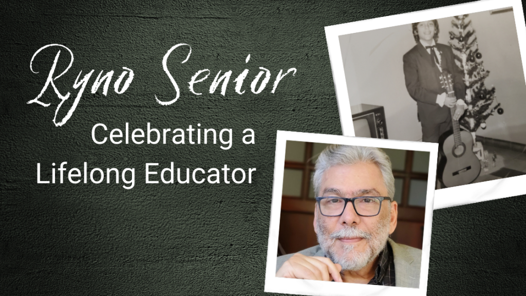 Text: Ryno Senior — Celebrating a Lifelong Educator
Next to the text are two polaroid photos: The first is a black and white photo of Ryno as a child, posing with his guitar. The second is a headshot of Ryno today. He has gray hair, glasses, and a beard.