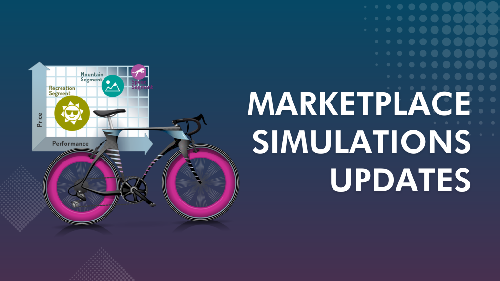 Text reads: Marketplace Simulations Updates. Illustration of speed bike and chart from Marketplace simulation game.