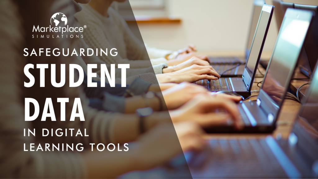 Title in front of students typing on laptops: Safeguarding Student Data in Digital Learning Tools