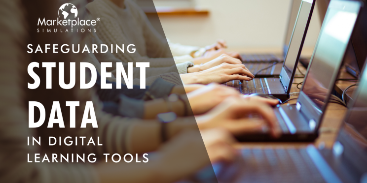 Title in front of students typing on laptops: Safeguarding Student Data in Digital Learning Tools