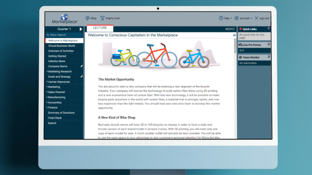 A computer screen with the welcoming message of the Conscious Capitalism business game. An illustration of three bikes at the top of the screen is followed by a heading that say, "The Market Opportunity." This is followed by more text and a heading which says, "A New Kind of Bike Shop."