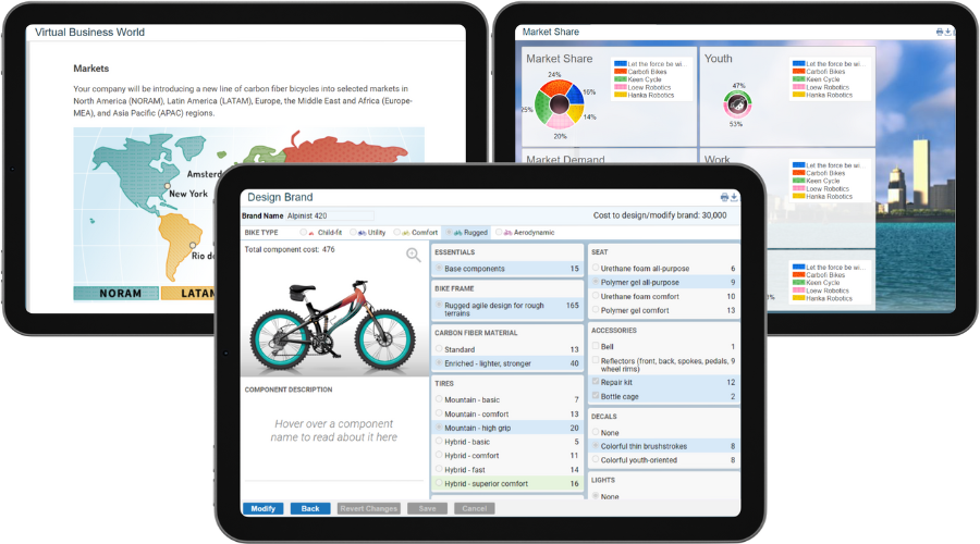 Image of three tablets with screenshots of a Marketplace Simulations business game. Screen one shows a map, screen two is a product design exercise, and screen three shows market results.