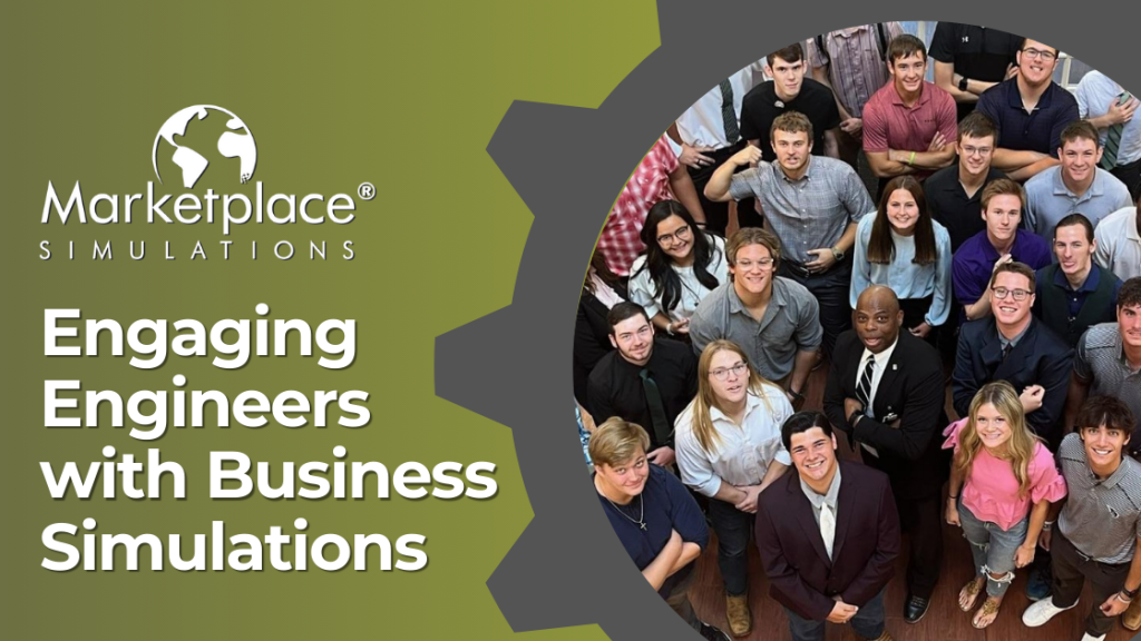 A photo of Dr. Daryl Green and his engineering class. Text reads: Engaging Engineers with Business Simulations