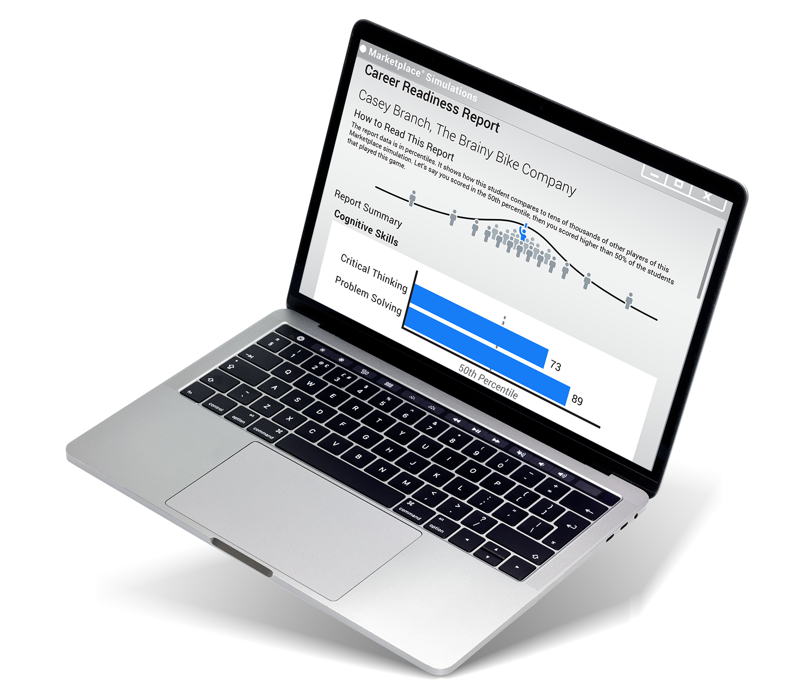 A laptop show a student's Career Readiness Report with rankings in critical thinking and problem solving.