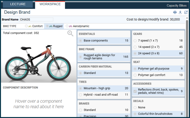 A screenshot of the brand design screen in Marketplace Simulations