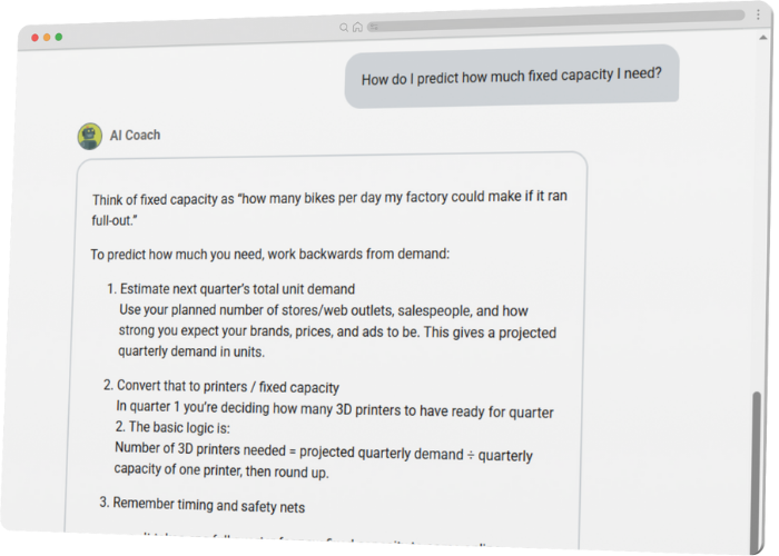 Screenshot of student chat with the Marketplace Simulations AI Coach. Student asks: How do I predict how much fixed capacity I need?