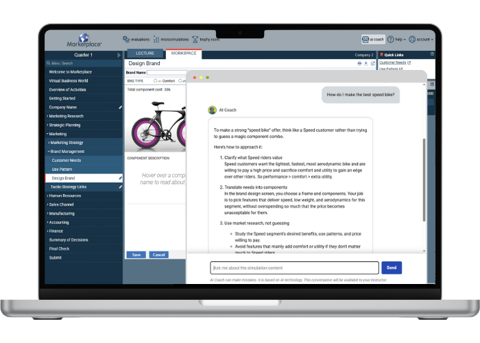 Screenshot of a Marketplace Simulations AI Coach chat window over the product design screen in the simulation.