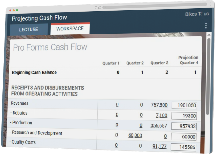 Screenshot of Pro Forma Cash Flow Screen from Advanced Strategic Corporate Management, and MBA business simulation from Marketplace Simulations.