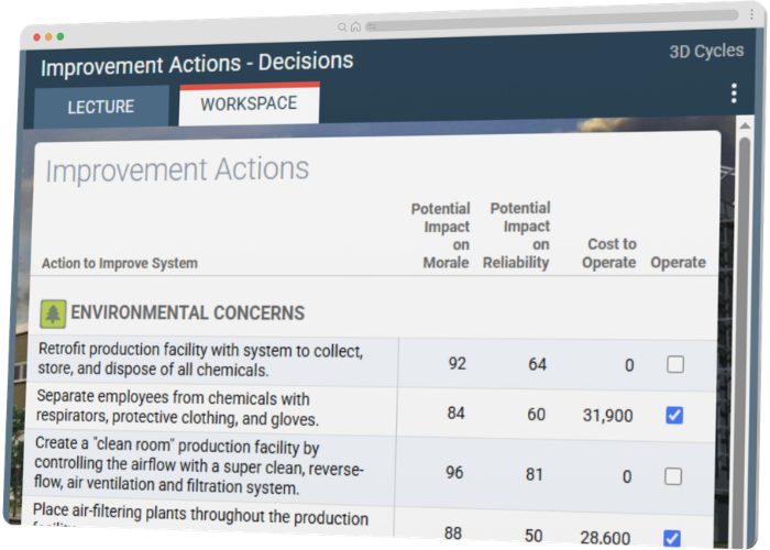 Improvement Actions Decision Screen from the Conscious Capitalism entrepreneur simulator by Marketplace Simulations
