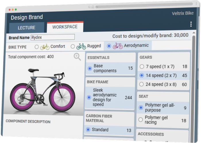 Design Brand screen from the Introduction to Marketing simulation by Marketplace Simulations